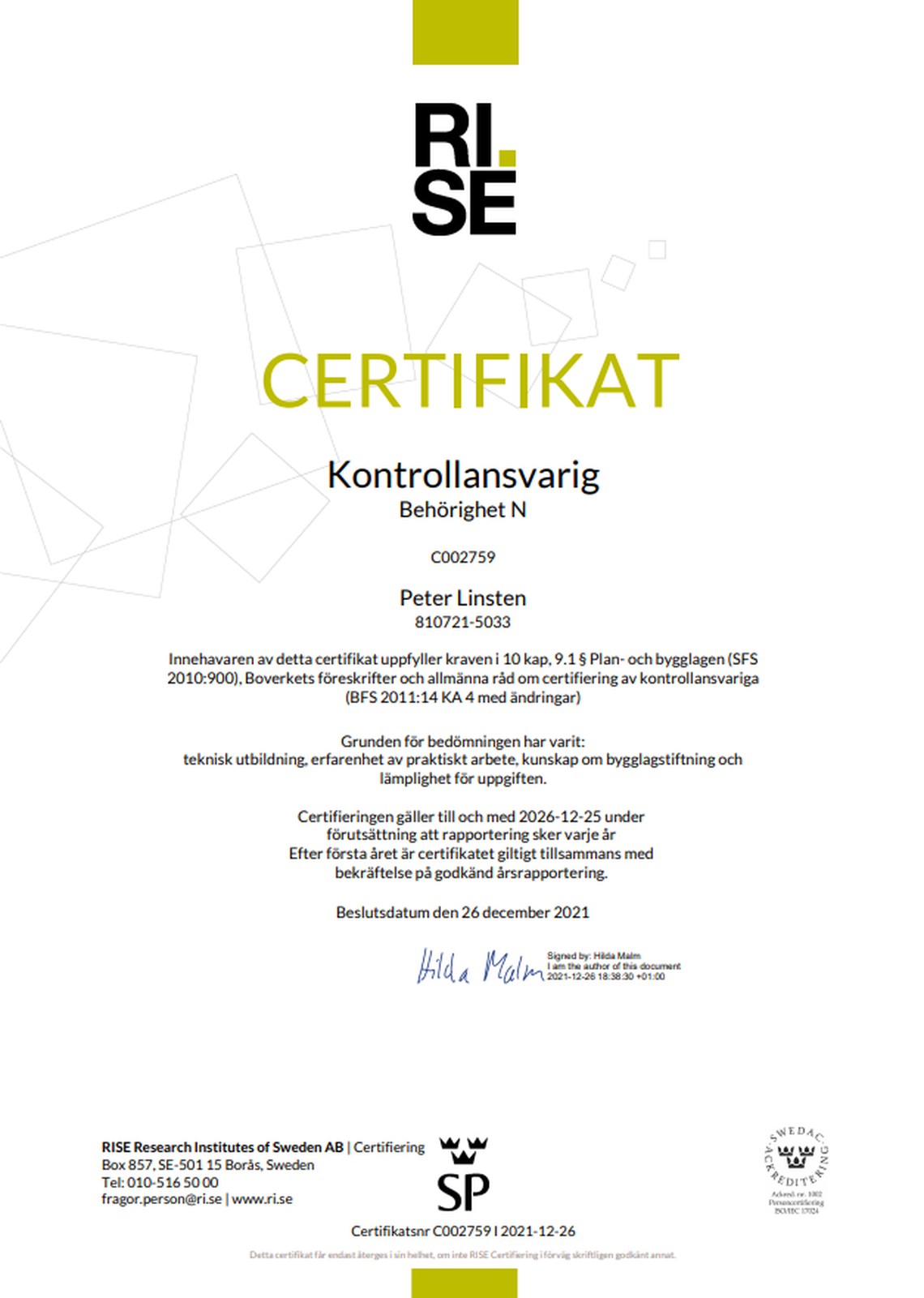 Certifikat för Kontrollansvarig av Rise.